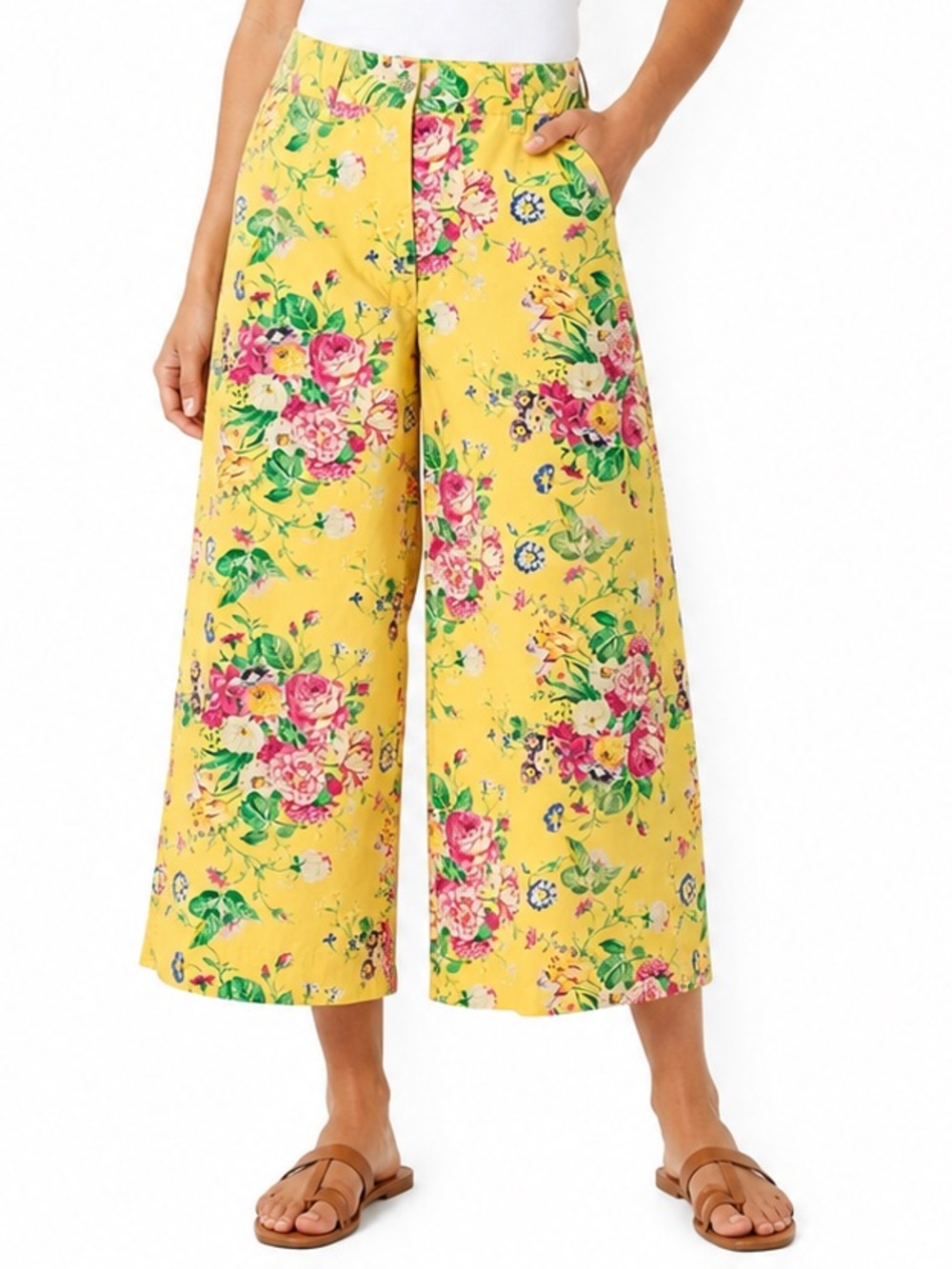 Y2K Lauren Ralph Lauren Yellow Cabbage Rose Cottagecore Crop Wide Leg Pants Sz 6